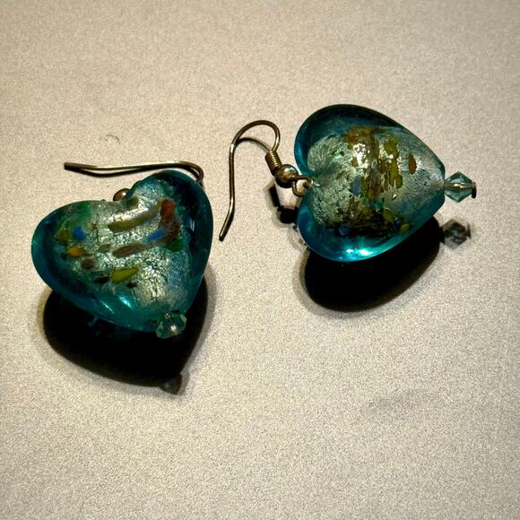 Heart-Shaped Blue & Green Artisan Glass Bead Earrings - Picture 5 of 6